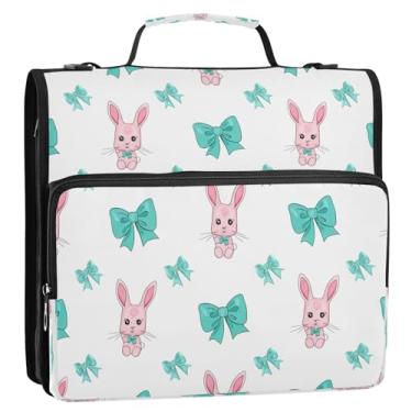 Imagem de Wassud Coelhinhos com laços azul-petróleo fichário com zíper 3 anéis com alça de ombro e alça vários bolsos expansível organizador de pasta de arquivo