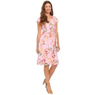 Imagem de London Times Vestido feminino romântico floral com decote em V e manga cavada para convidados de casamento e ocasiões de primavera, Seapink/coral, 38