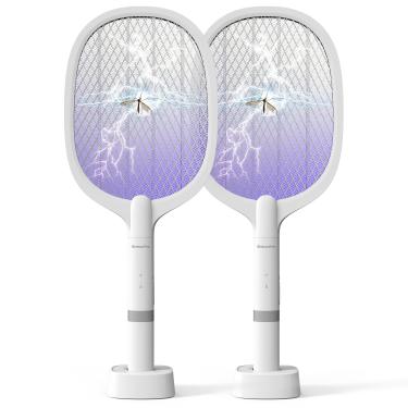 Imagem de Pacote com 2 raquetes de moscas elétricas recarregáveis com luzes UV para insetos, raquete portátil portátil com modo de morte dupla, rede protetora, base de carregamento, para uso interno, externo