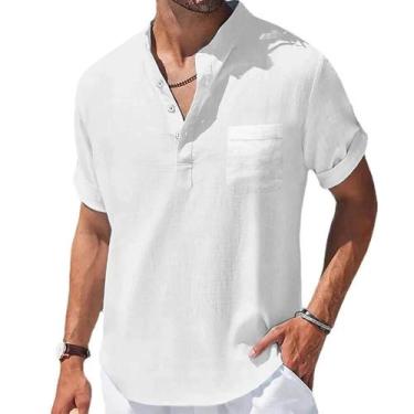 Imagem de Camiseta Masculina De Verão Em Algodão E Linho Com Gola Henley, Roupa 