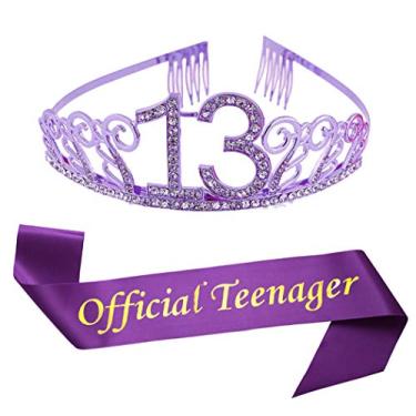 Imagem de Tiara roxa de 13º aniversário e faixa com purpurina, faixa de cetim e cristal, coroa de tiara de strass para feliz 13º aniversário, artigos de festa de lembranças, acessórios de festa de 13º aniversário