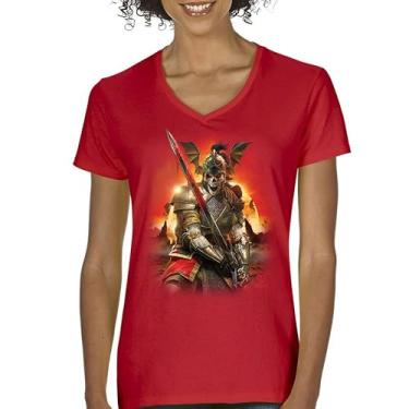 Imagem de Camiseta feminina Apocalypse Reaper gola V fantasia esqueleto cavaleiro com uma espada medieval lendária criatura dragão bruxo, Vermelho, GG