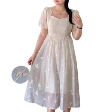 Imagem de Monikawa Vestido Longo Feminino De Chiffon Elegante De Renda Maxi Tamanho Grande Bordado Manga Bufante Tule Vestidos Fluidos Em Camadas,Beige,4XL