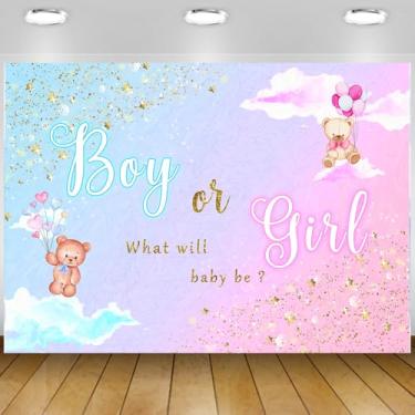 Imagem de Pano de fundo revelador de gênero para meninos ou meninas, ursos balões para chá de bebê, azul, rosa, aquarela nuvens, chá de bebê, dourado, estrelas, glitter, fundo de bebê para estúdio fotográfico,