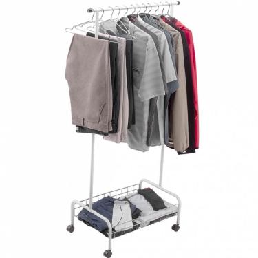 Imagem de Arara de Roupas Desmontável Branca com Cesto e Rodízios Utimil Cabideiro de Chão Aço Ca...