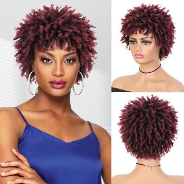 Imagem de Nuxovin Perucas de cabelo humano encaracolado explosivo feminino africano vinho tinto natural textura fofa estilo dreadlock trançado com tampa respirável resistente ao calor design sem emaranhado