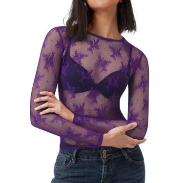 Imagem de Blusa feminina AKEWEI, manga comprida, malha, renda, roxa transparente