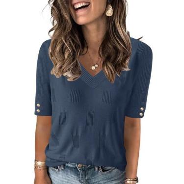 Imagem de Suéter AKEWEI com decote em V e manga curta 100% viscose para mulheres