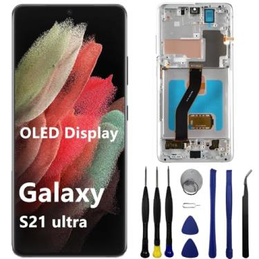 Imagem de Tela OLED para Samsung Galaxy S21Ultra S21U 5G SM-G998U SM-G998U1 SM-G998W SM-G998W SM-G998B Tela LCD sensível ao toque com suporte para impressão digital e S-Pen (com moldura branca + ferramentas)