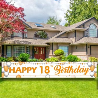 Imagem de Placa de faixa de feliz aniversário - 25 x 4 m, grande decoração de festa de jardim ao ar livre, pano de fundo branco e laranja para homens e mulheres.