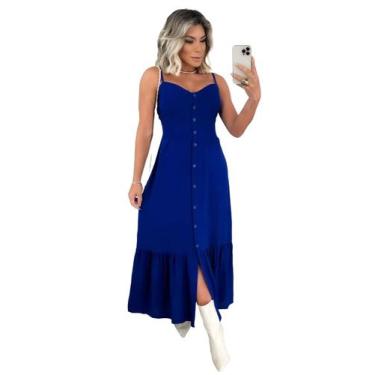 Imagem de Vestido Longo Feminino Botão Na Frente Babado e Alça - W2, Azul, M