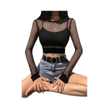 Imagem de Top Cropped Preto Com Recortes Em Tela Para Mulheres, Camiseta Sexy Ju