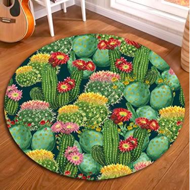 Imagem de Tapete de cacto HVEST verde tropical deserto plantas com flores tapete redondo prickly pera tapete antiderrapante macio yoga tapete para crianças para quarto sala de estar, (diâmetro: 5,5 cm)