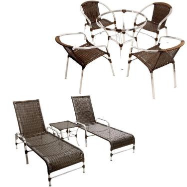 Imagem de Kit 4 Cadeiras E Mesa Alta, Espreguiçadeiras Em Alumínio E Ombrelone Para Piscina Trama