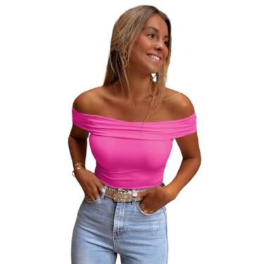 Imagem de Yueary Blusas femininas sexy com ombros de fora e manga curta slim fit camisas elásticas blusas oversize casual moderno pulôver top, Rosa, M