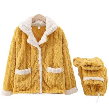Imagem de LUBOSE Conjunto de pijama feminino, 2 peças, pijama feminino de lã de inverno macio e quente, pijama feminino de flanela grossa (G, amarelo)