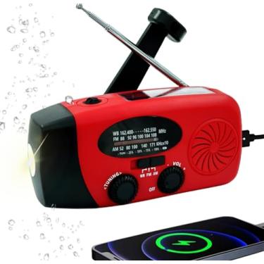 Imagem de Handsider Rádio meteorológico de emergência com manivela, rádio solar AM FM NOAA com lanterna de LED e conector de fone de ouvido, carregador portátil de 2000 mAh para smartphone, lanterna LED