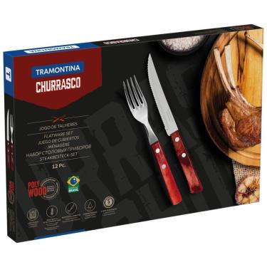 Imagem de Jogo De Talheres Para Churrasco Tramontina Em Aço Inox Com Cabo Vermelho Polywood 12 Peças