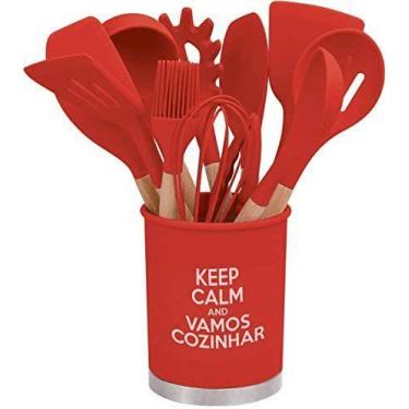 Imagem de Kit Utensílios de Silicone Cozinha com cabo madeira e Copo COR:VERMELH