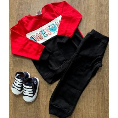 Imagem de Conjunto Infantil Menino Moletom Flanelado quebra cabeça 23028, Vermel