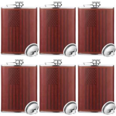 Imagem de Chengu 6 frascos de quadril para licor para homens e mulheres 227 g cantil de couro com tampa prata aço inoxidável bandeira americana garrafa de uísque resistente leve garrafa de quadril para homem