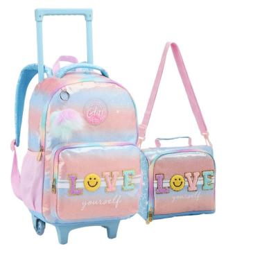 Imagem de Kit Mochila Rodinha Lancheira Juvenil Patches Feminina