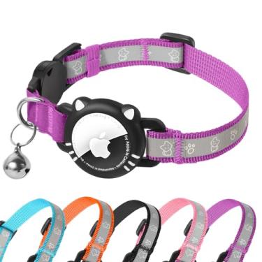 Imagem de AgoumLux Coleira para gatos AirTag, coleira reflexiva para gatos com suporte para Apple Air, coleira rastreadora GPS Breakaway com sino para gatos e gatinhos, roxo, PP (7-22 polegadas)