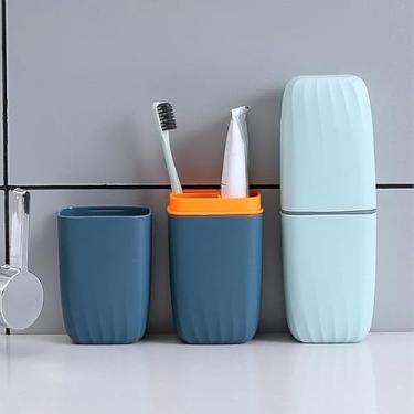 Imagem de Kit com 2 Porta Escova de Dentes de Plástico com 3 Divisórias, Organizador de Banheiro Portátil, Suporte para Escovas e Toalhas, Recipiente de Armazenamento (Azul claro e Azul escuro)