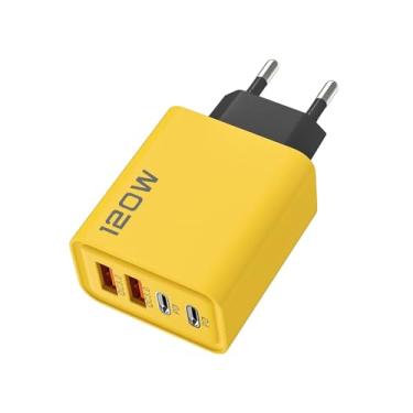 Imagem de Carregador Rápido Genérico - Amarelo, Compacto - 4 Portas USB (2 USB-A, 2 PD) - Compatível com iPhone, Samsung e outros smartphones - Carregamento Rápido e Múltiplas Portas - CE e RoHS Aprovado