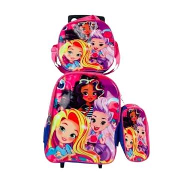 Imagem de CONJUNTO KIT MOCHILA INFANTIL COM RODINHAS BOLSA ESCOLAR DINOSSAURO ESTOJO E LANCHEIRA TÉRMICA DINO CARRINHO IMPERMEAVEL ESPAÇOSA (Princesa)