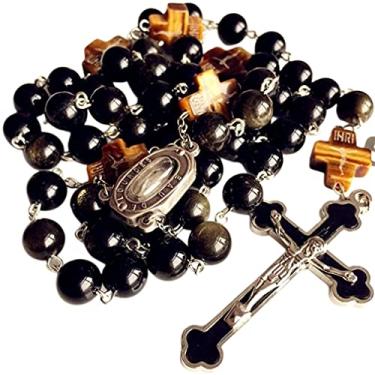 Imagem de elegantmedical CAIXA DE COLAR DE CRUZ ROSÁRIA FEITA À MÃO PRETA 10 MM Lourdes Medalha de Água Presente Masculino Feminino