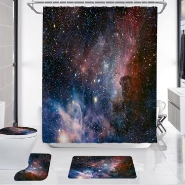 Imagem de SEAKUOSKYK Conjunto de 4 peças de cortina de chuveiro universo, nebulosa, estrelas, espaço sideral, galáxia celestial, planeta, estação científica, conjuntos de cortina de chuveiro, decoração de