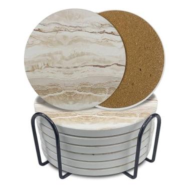 Imagem de Conjunto de 6 porta-copos de cerâmica de grão de mármore com suporte, acessórios de decoração de mesa de centro de bar. Os porta-copos absorventes com fundo de cortiça são adequados para vários tipos