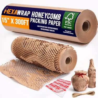 Imagem de HEXAWRAP Papel De Embalagem Honeycomb 15" X 300 Pés Com Corda E 20 Adesivos Frágeis | Suprimentos Para Remessa E Mudança | Suprimentos Para Embalagem De Pequenas Empresas | Caixas De Embalagem De Pl