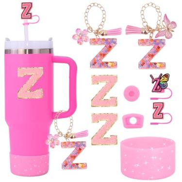 Imagem de Liangang Conjunto de acessórios de copo rosa Stanley Cup 9 peças compatível com copos de 850 g e 1,134 g, inclui capa de palha, bota, tampa à prova de derramamento, 2 peças de berloque e adesivos