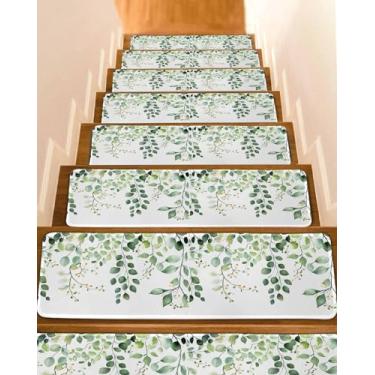Imagem de Passos de escada 20,3 x 76,2 cm (15 peças), folha de eucalipto aquarela em tapete branco para escadas, tapete de escada, folhas verdes de fazenda, degraus antiderrapantes para crianças, idosos,