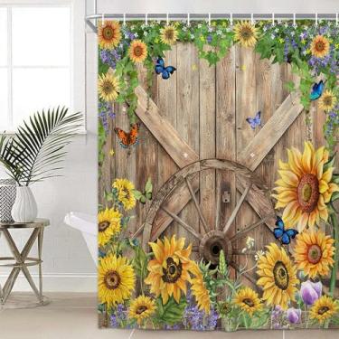 Imagem de BATRUG Cortina de chuveiro rústica para porta de celeiro, conjunto de cortina de banheiro com borboleta floral de girassol de primavera ocidental de fazenda, tábua de madeira, cortina de banho marrom