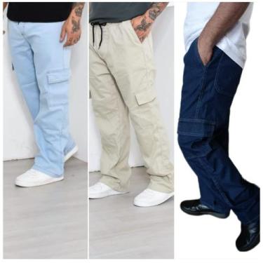 Imagem de CALÇA CARGO MASCULINA COM ELASTANO E CORDÃO NA CINTURA BEGE,JEANS CLAR