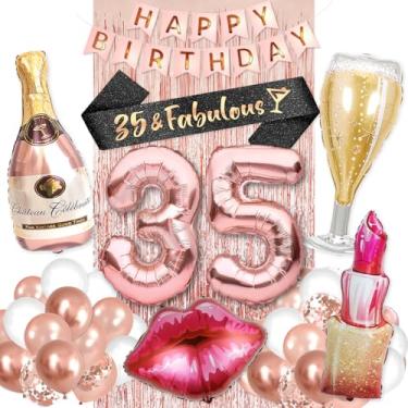Imagem de Conjunto grande de artigos de ouro rosa para decoração de festa de 35 anos para mulheres com balões de feliz aniversário, 35 dígitos para ela, incluindo balões de látex e confetes
