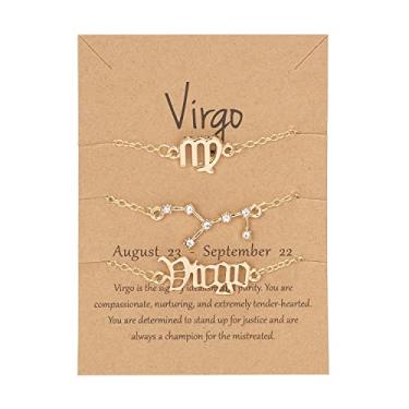 Imagem de COLORFUL BLING Conjunto de 3 pulseiras com 12 constelações de horóscopo banhado a ouro 18 quilates, signo do zodíaco, pulseiras em camadas com letras requintadas, cartão de horóscopo para mulheres,