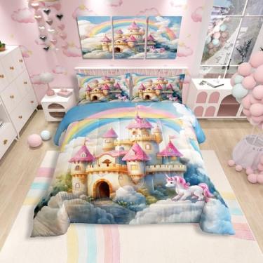Imagem de Conjunto de edredom castelo de princesa, tamanho casal, 3 peças, conto de fadas sonhador, aquarela, céu arco-íris, desenho animado, unicórnio, fantasia, animal, conjunto de colcha para quarto de