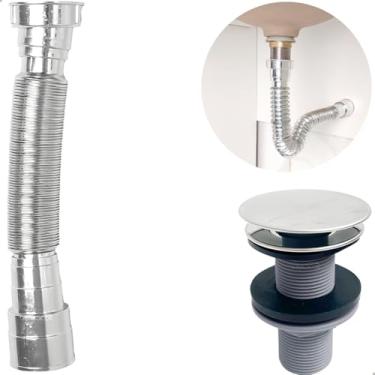 Imagem de Dona D.cor, Kit Valvula Click ABS e Sifao Sanfonado Universal Cromado Extensivel Tampa Inox Kit Banheiro Ralo De Pia 7/8 Lavatorio e Tubo Flexivel Ajustável Escoamento Cuba