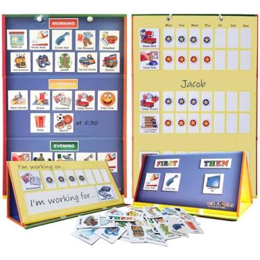 Imagem de SchKIDules Conjunto de agendamento visual para casa infantil: calendário diário e gráfico de progresso semanal com quadro dobrável reversível de 45,72 cm e 129 ímãs para suporte visual, crianças, TDAH e agendas de autismo