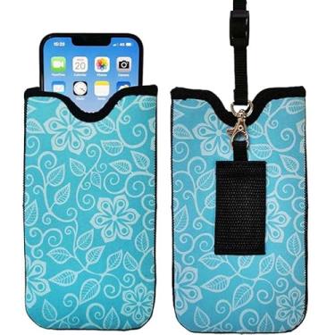 Imagem de Tainada Bolsa masculina e feminina de neoprene à prova de choque com cordão de pescoço, coldre de cinto para iPhone 15 14 13 Pro Max, Samsung S23, A54, Google Pixel 7a 8 (padrão floral turquesa)