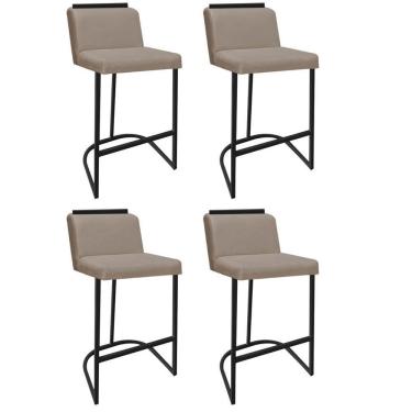 Imagem de Kit 04 Banquetas Com Encosto Nynna Luxo Confort Bistrô Cozinha Ferro Preto Suede Bege - Amey Decor