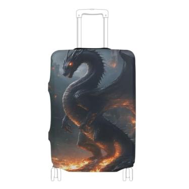 Imagem de Joisal Golden Rice Field Capa amarela para bagagem, identificadores elásticos de bagagem para malas, exclusivos, essenciais para viagens, Dragão preto feroz, M 22-24 in