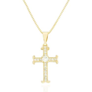 Imagem de Colar Crucifixo Cravejado Cristal Banhado a Ouro