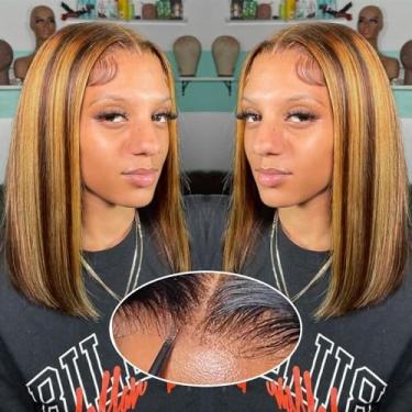 Imagem de GUDOZO Bob Wig Cabelo Humano Sem Cola 4/27 Destaques Loiro Mel Lace Front Ombre Perucas 200% Densidade Pré-Depilada Corte 9X6 Hd 14 Polegadas