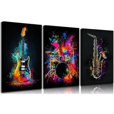 Imagem de 3 peças de arte de parede em tela de graffiti de instrumento musical, estilo instrumento de música pop, decoração de parede, imagens, rock, guitarra elétrica, jazz, tambor, pôsteres para adolescentes