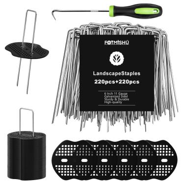 Imagem de FOTMISHU Grampos de paisagem de 15,2 cm, 220 peças de estacas de jardim + 220 peças de junta, pinos de gramado galvanizados com revestimento em spray, pontas de solo, grampos tipo U para ancoragem de